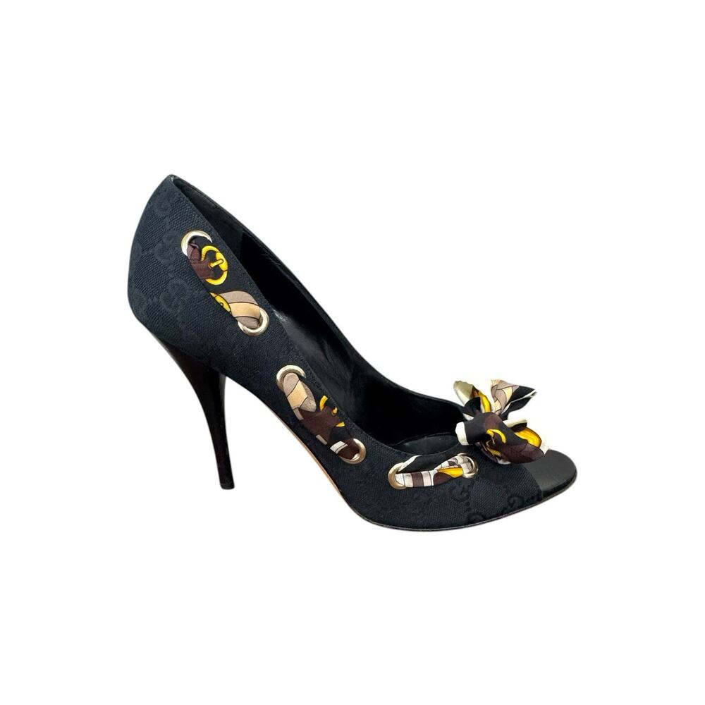 Gucci Guccissima Scarf Bow Heels Black Open Toe Pumps Ribbon Size 9.5 Luxury - Picture 1 of 14